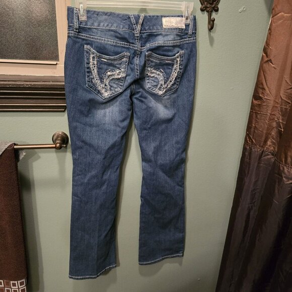 Ariya Womens Jeans 11/12 Blue Five Pocket Whiskers Bootcut Destressed Stone Wash - Picture 6 of 11